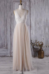 Elegant A-line Tulle Lace Wedding Dress V-neck Appliques Ruffles Bridal Gowns On Sale-27dress